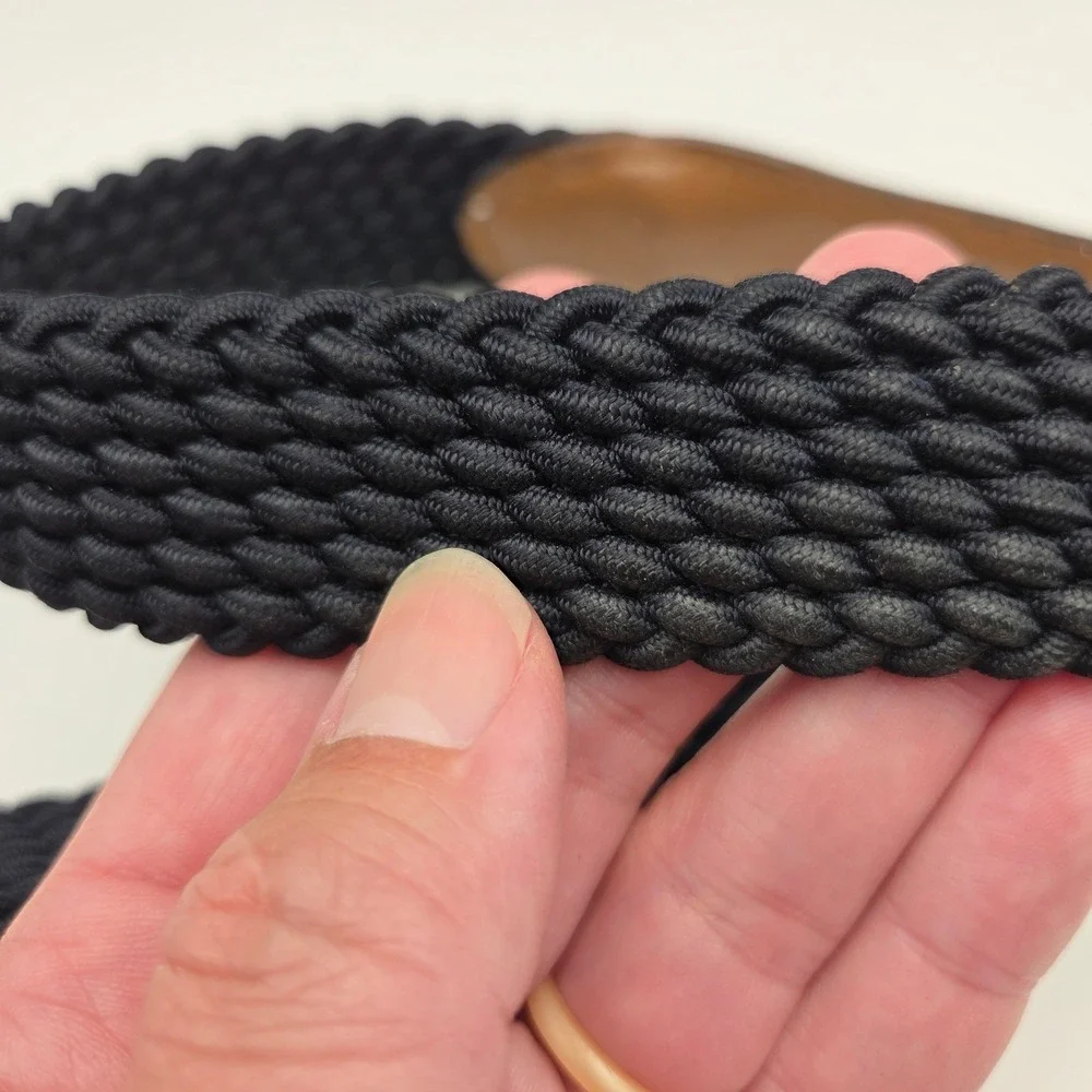 Brighton Woven‎ Stretch Black Belt Brown Leather Trim Solid Brass Buckle Size 36